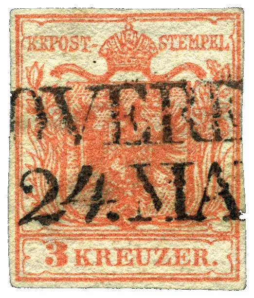 A double-headed eagle coat of arms under a heavy black postmark; stamp issued by Austrian Empire, 1850