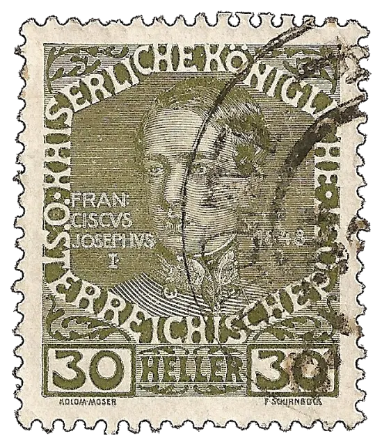 A young officer in uniform, with a Latin name beside him; stamp issued by Austria (Austria-Hungary), 1908