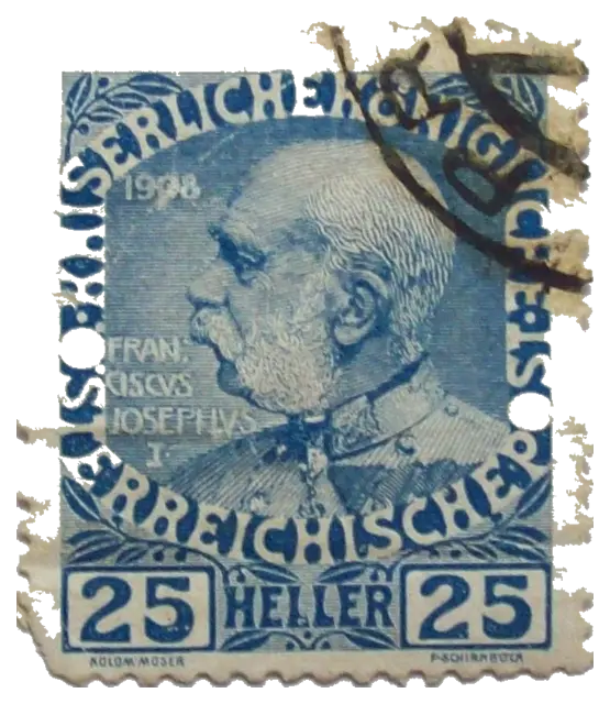 An old emperor with white side whiskers in profile, under a heavy postmark; stamp issued by Austria (Austria-Hungary), 1908
