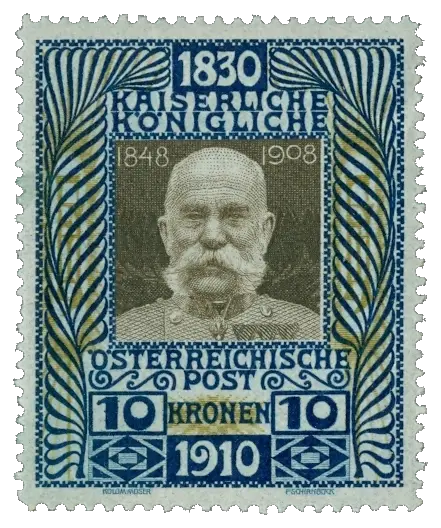 Portrait of an old emperor with white side whiskers in an ornate blue frame; stamp issued by Austria (Austria-Hungary), 1910