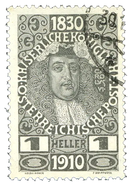 An emperor in a long curled wig, in an oval of lettering; stamp issued by Austria (Austria-Hungary), 1910