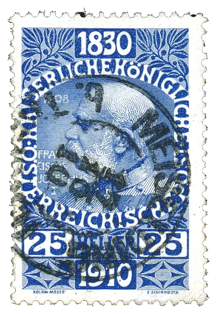 An old emperor’s profile, almost hidden by a dark round postmark; stamp issued by Austria (Austria-Hungary), 1910
