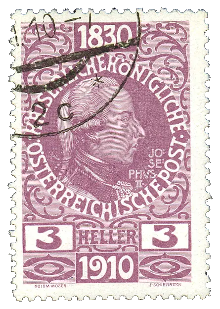 An emperor with a pigtail wig, in an oval of lettering, under a postmark; stamp issued by Austria (Austria-Hungary), 1910