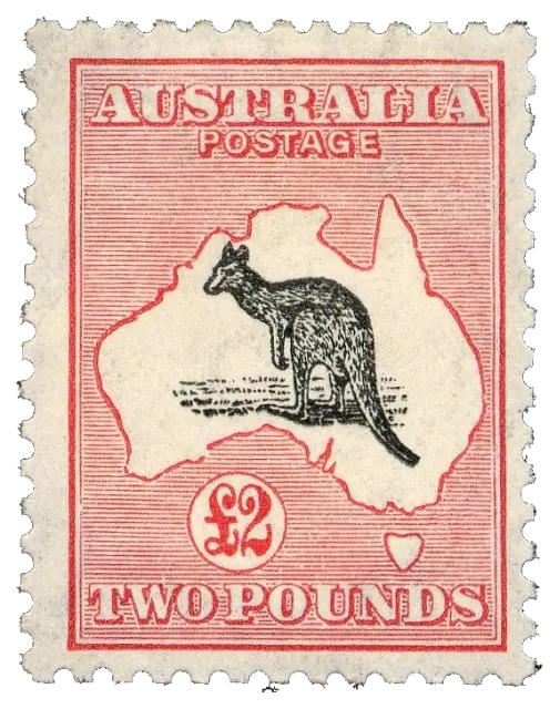 A kangaroo standing on the outline map of a continent; stamp issued by Commonwealth of Australia, 1913