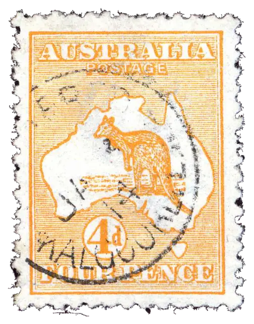 A kangaroo standing on the outline map of a continent; stamp issued by Commonwealth of Australia, 1913