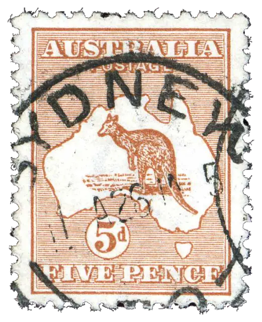 A kangaroo standing on the outline map of a continent; stamp issued by Commonwealth of Australia, 1913