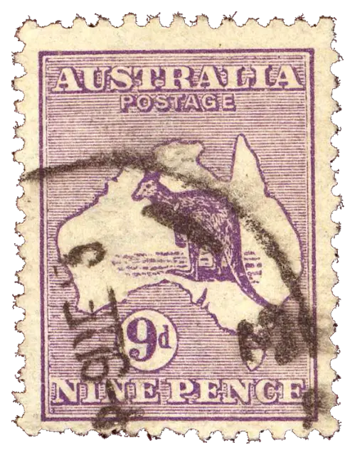 A kangaroo standing on the outline map of a continent; stamp issued by Commonwealth of Australia, 1913