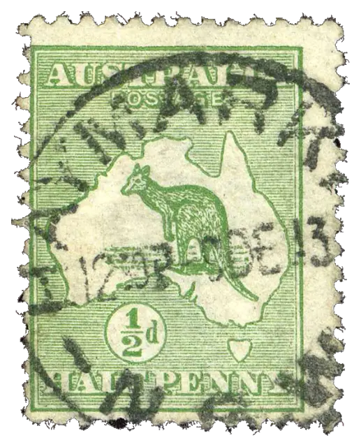 A kangaroo standing on the outline map of a continent; stamp issued by Commonwealth of Australia, 1913