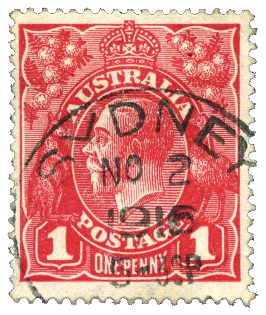 A king in profile under a crown, with sprays of flowers, under a round postmark; stamp issued by Commonwealth of Australia, 1914