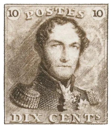 A king in uniform with large shoulder epaulettes, printed in brown; stamp issued by Belgium, 1849
