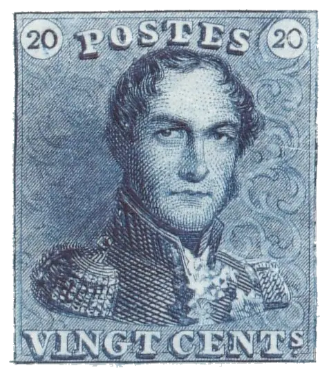 A king in uniform with large shoulder epaulettes, printed in blue; stamp issued by Belgium, 1849