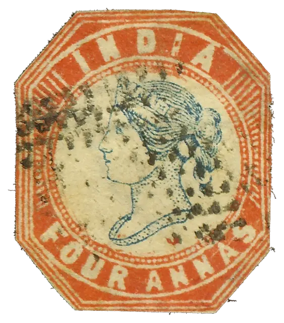 A young queen’s head in blue inside a red octagonal frame; stamp issued by British India (East India Company), 1854