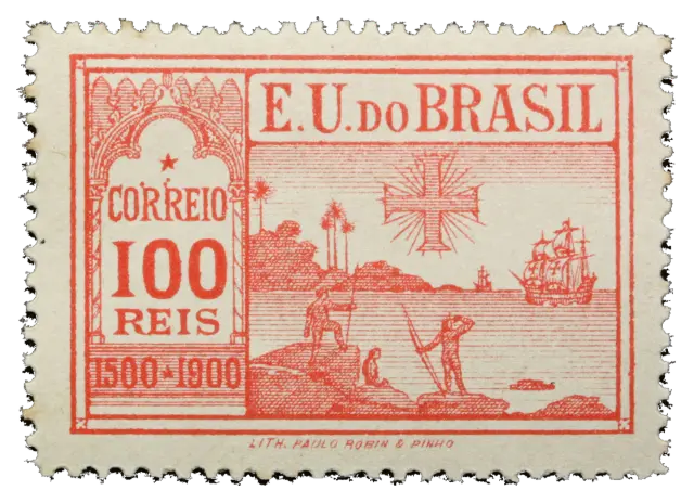 Sailing ships off a coast, a cross in the sky and a man on a rock; stamp issued by Brazil (United States of Brazil), 1900