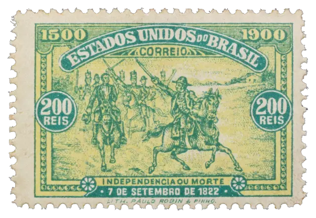 Riders on horseback raising swords on a plain; stamp issued by Brazil (United States of Brazil), 1900