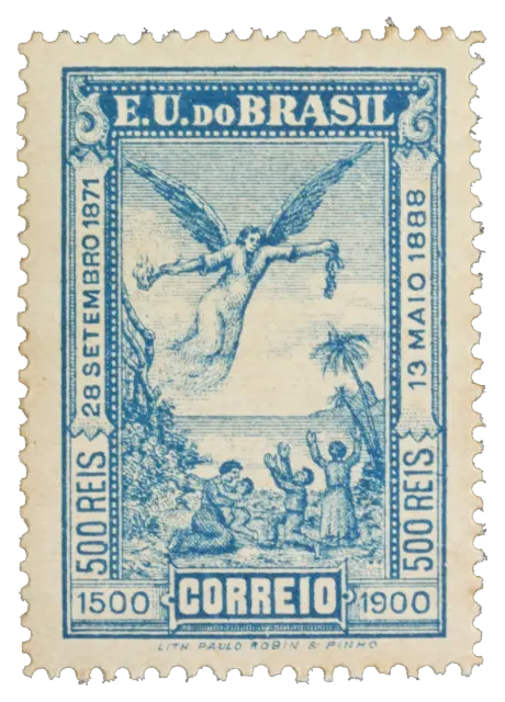 A winged figure flying above people raising their arms under palm trees; stamp issued by Brazil (United States of Brazil), 1900