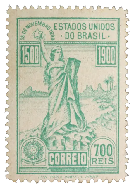 A standing woman holding up a star, with a coat of arms below; stamp issued by Brazil (United States of Brazil), 1900