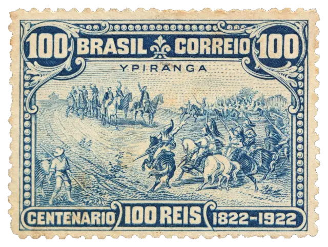 Riders on horseback raising swords by a stream; stamp issued by Brazil (United States of Brazil), 1922