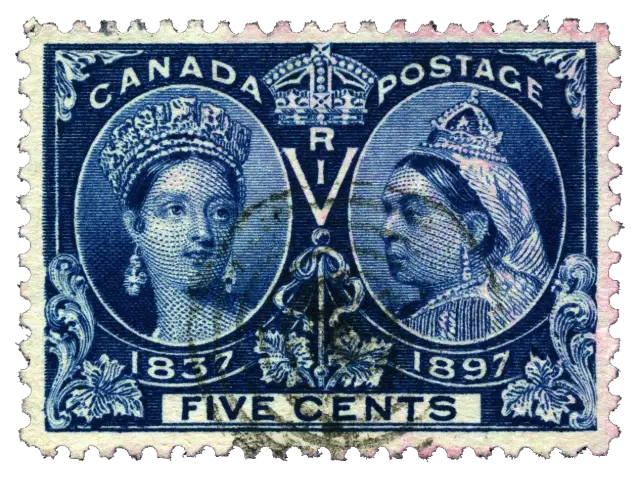 Two portraits of a queen, young and old, either side of a crowned monogram; stamp issued by Dominion of Canada, 1897