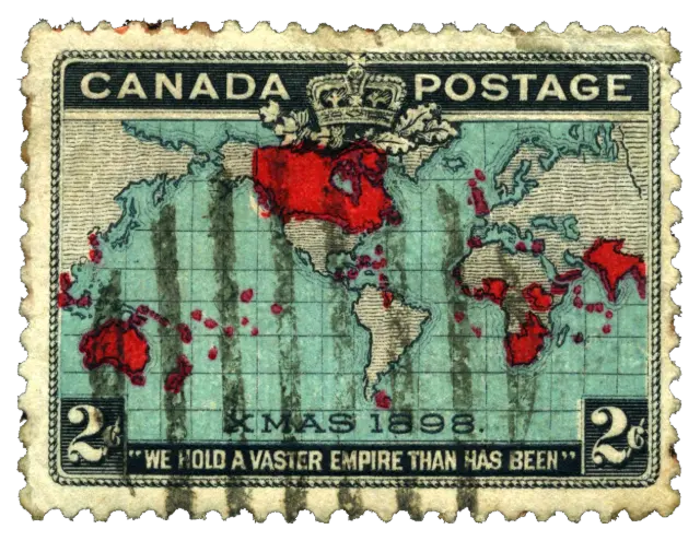 A world map with some lands printed in red; stamp issued by Dominion of Canada, 1898