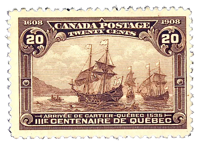 Three sailing ships on a river below hills; stamp issued by Dominion of Canada, 1908
