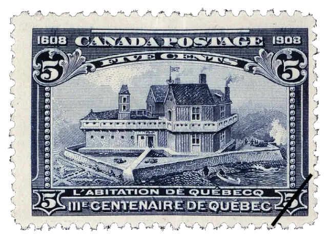 A fortified wooden building on a river bank; stamp issued by Dominion of Canada, 1908