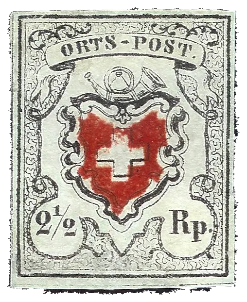 A white cross on a red shield below a post horn, in a black frame; stamp issued by Switzerland, 1850
