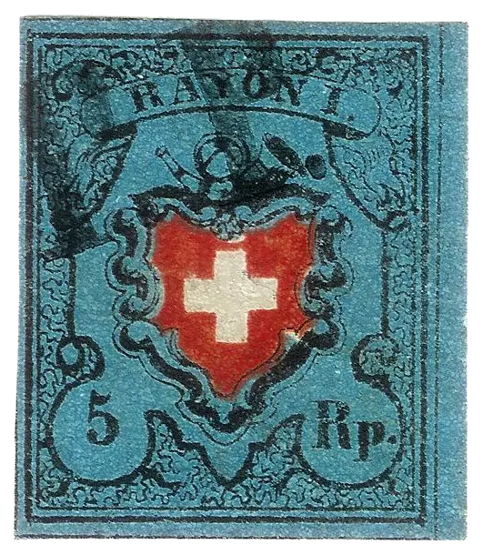 A white cross on a red shield below a post horn, on blue; stamp issued by Switzerland, 1850