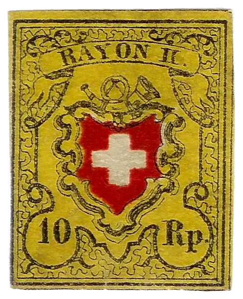 A white cross on a red shield below a post horn, on yellow; stamp issued by Switzerland, 1850