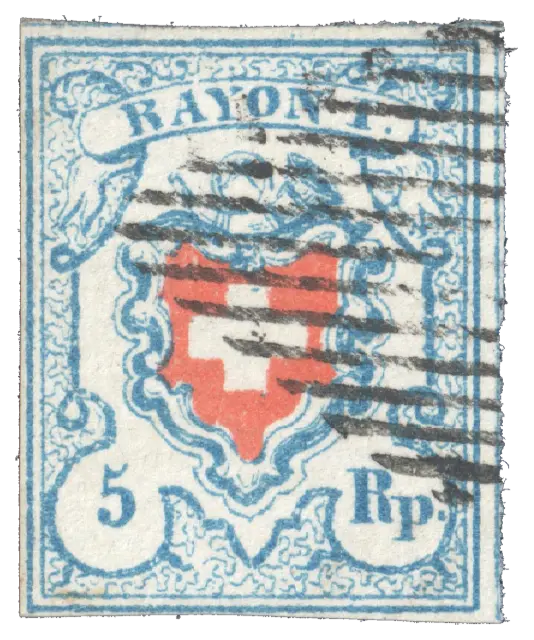 A white cross on a red shield below a post horn, in light blue, under a barred postmark; stamp issued by Switzerland, 1851