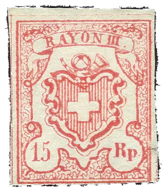 A cross on a shield below a post horn, all in red; stamp issued by Switzerland, 1852