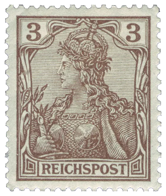 A woman in armour and a crown holding a sword, Germania; stamp issued by German Empire, 1900