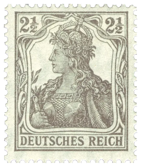 A woman in armour and a crown, Germania, in grey; stamp issued by German Empire, 1916