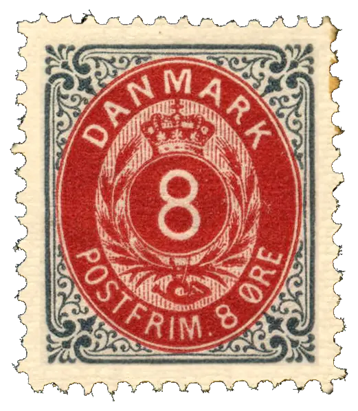 A crowned number 8 in a red oval inside a grey frame; stamp issued by Kingdom of Denmark, 1870