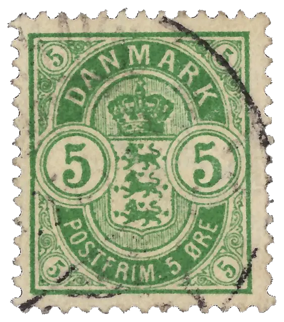 A crowned shield with three lions between two numbers 5; stamp issued by Kingdom of Denmark, 1902