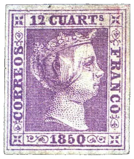 A young queen in profile wearing a small crown, printed in lilac; stamp issued by Spain, 1850