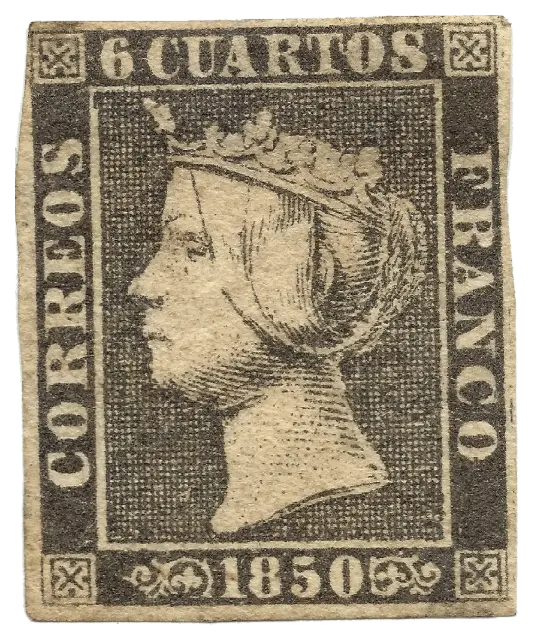 A young queen in profile wearing a small crown, printed in black; stamp issued by Spain, 1850