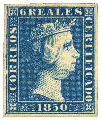A young queen in profile wearing a small crown, printed in blue; stamp issued by Spain, 1850
