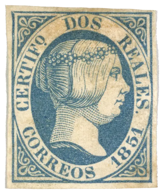 A young queen in profile in an oval of lettering, printed in blue; stamp issued by Spain, 1851