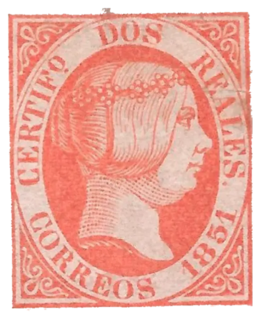 A young queen in profile in an oval of lettering, printed in red; stamp issued by Spain, 1851