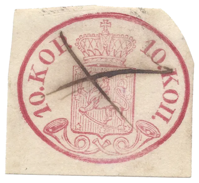 A crowned shield in a rose-red oval with posthorns, crossed out in ink; stamp issued by Grand Duchy of Finland (Russian Empire), 1856