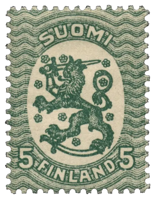A crowned lion with a sword in an oval; stamp issued by Finland, 1917
