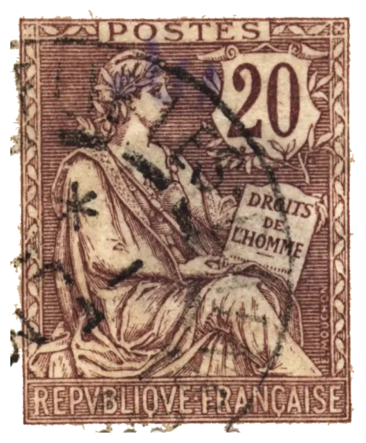 A seated allegorical figure holding a tablet, with a large value in a shield; stamp issued by France, 1902