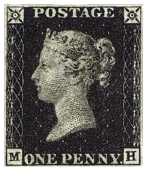 Queen Victoria in profile on a black stamp; stamp issued by United Kingdom, 1840