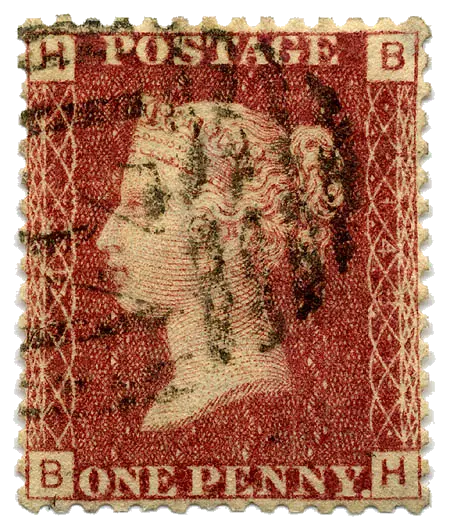 Queen Victoria in profile on a red stamp with a postmark; stamp issued by United Kingdom, 1864