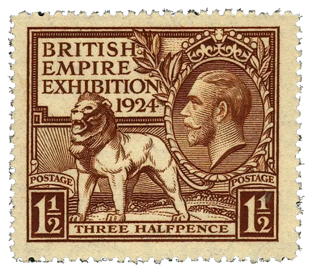 A standing lion and the head of King George V; stamp issued by United Kingdom, 1924