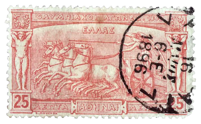A chariot race, under a large round postmark; stamp issued by Greece, 1896