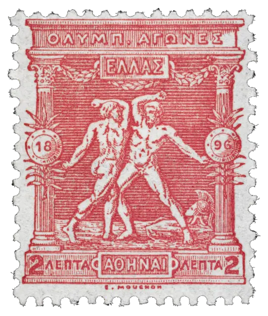 Two wrestlers grappling between two columns; stamp issued by Greece, 1896