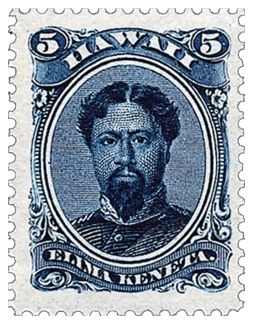 A bearded king in an oval, printed in blue; stamp issued by Kingdom of Hawaii, 1866