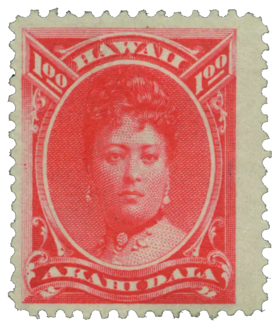 A young queen in an oval, printed in red; stamp issued by Kingdom of Hawaii, 1883