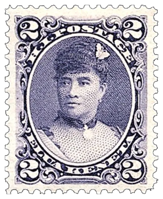 A queen with curled hair in an oval, printed in violet; stamp issued by Kingdom of Hawaii, 1891